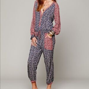 Free People Floral Jumpsuit in Red and Blue
